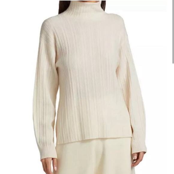 Naadam NWT Cashmere Blend Ribbed Open Back Turtleneck Sweater Ivory Size Medium - Picture 4 of 11